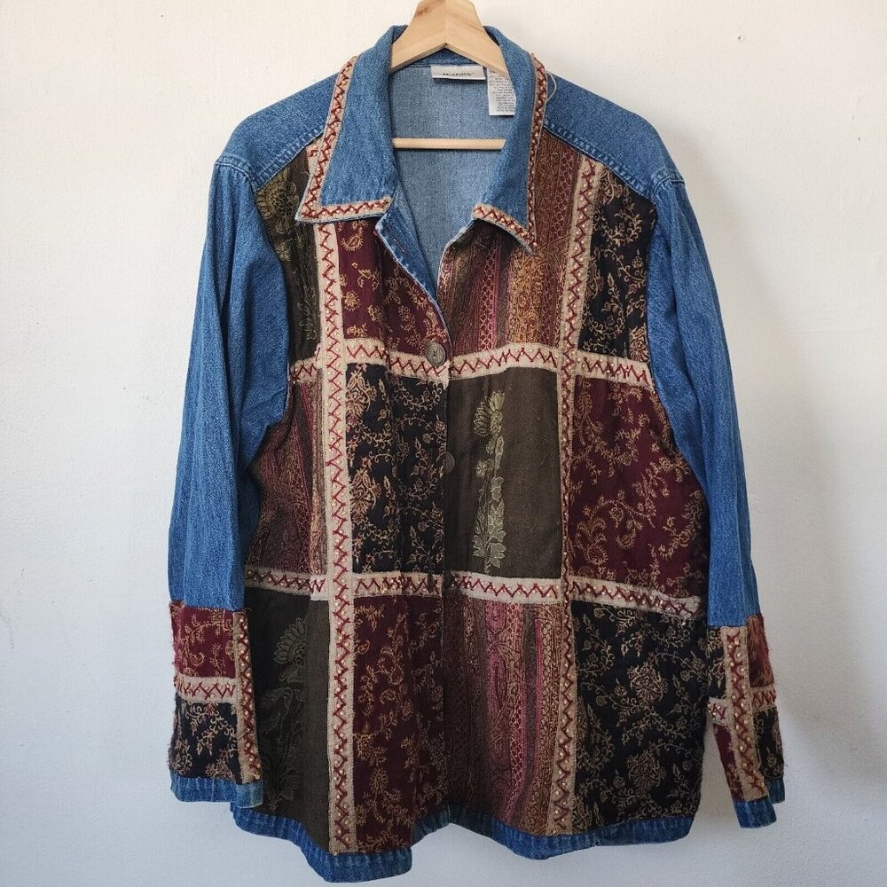 Womens Vintage Units Art To Wear Denim Jacket 2X Patterned Textured
